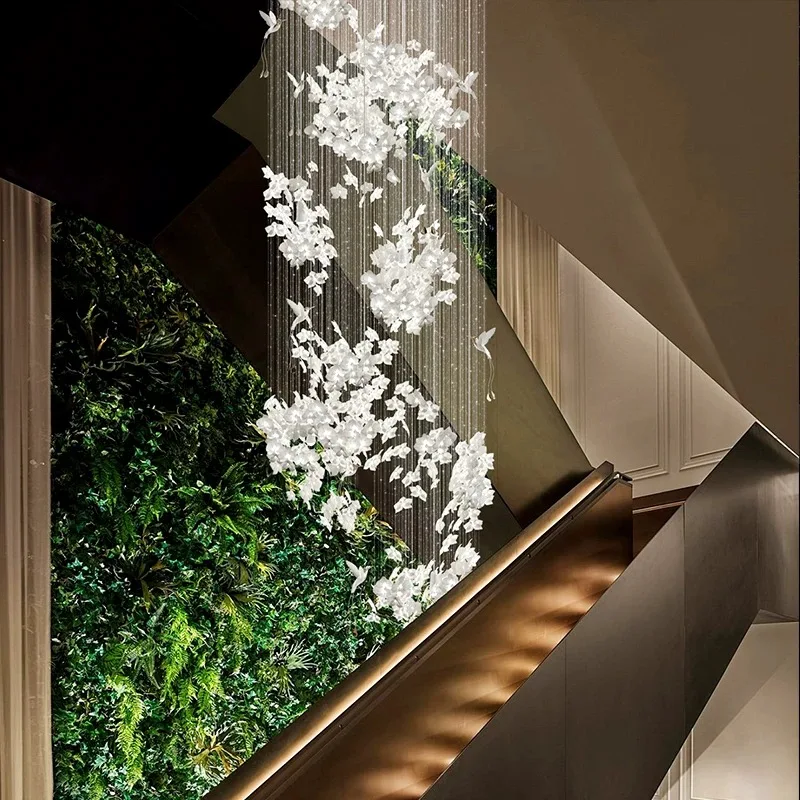 

Nordic Ceramic Crystal Chandelier for Bedroom White Flora Booming Bird Long Ceiling Chandelier for Home Stairs