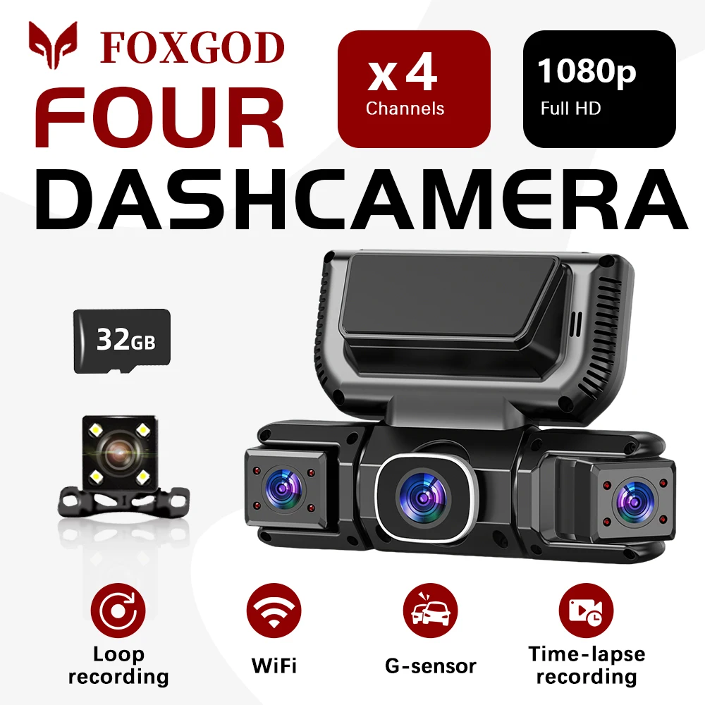WiFi Dash Cam For Car DVR 4Channel FHD 1080P Night Vision Loop Recording G-sensor Wide Angle Driving Recorder WDR 32G Tachograph