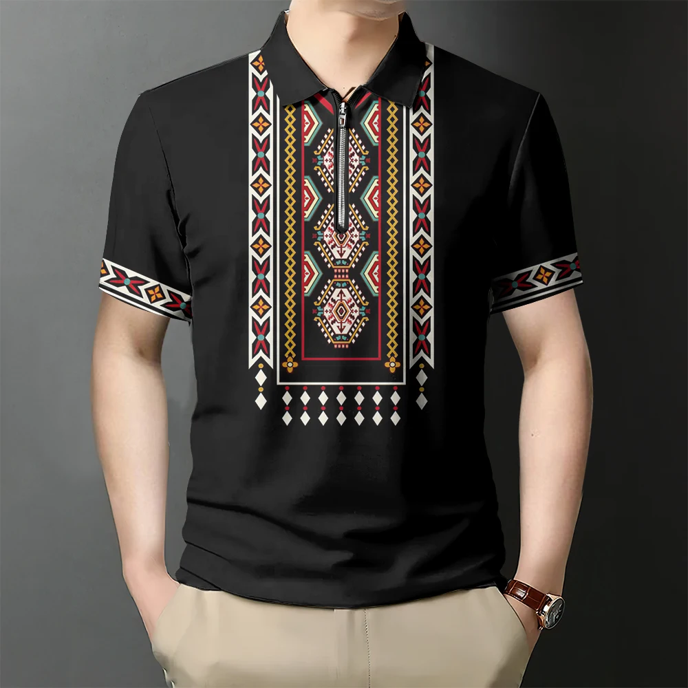 Vintage ethnic patterns Men's Polo Shirts Outdoor Sports Retro Casual Polo T-Shirts Button Short Sleeve Street Men Clothing