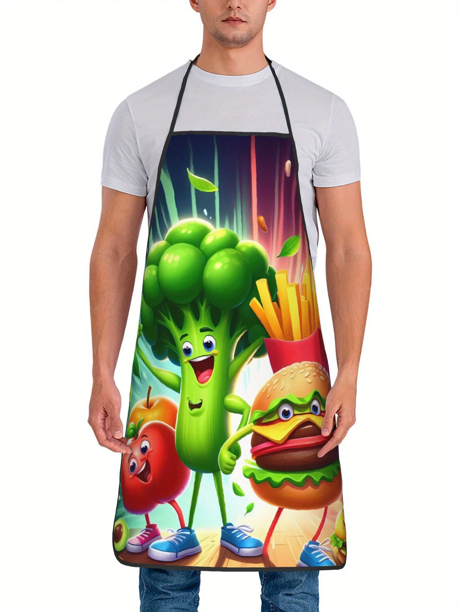 Retro Cartoon Vegetable Print Apron - Fun Broccoli & Fries Design, Durable Easy-Clean Fabric for Cooking Baking Family Meal Prep