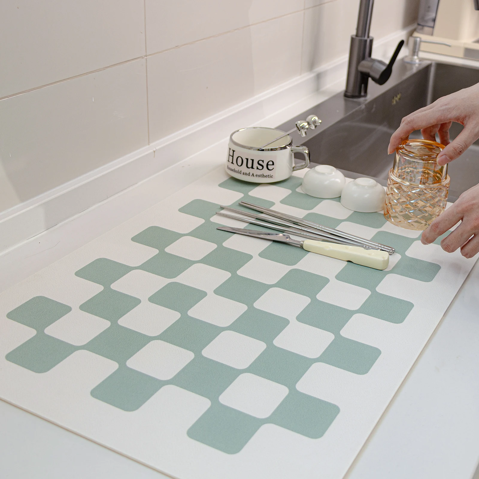 

Green Coffee Mat Checkered Dish Drying Mat for Kitchen Counter Coffee Bar Vintage Buffalo Dish Pad Absorbent Kitchen Drying Mat