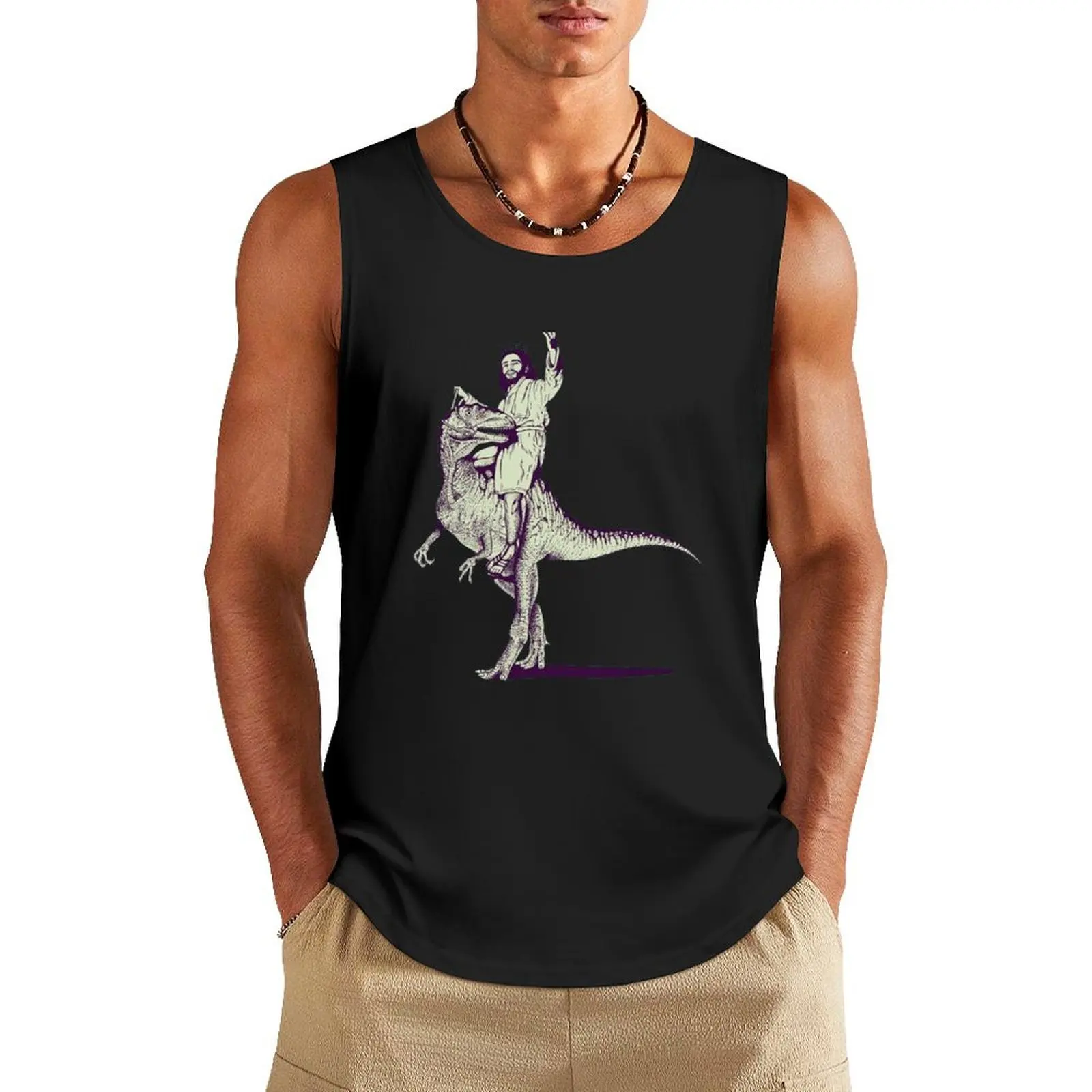

Jesus Riding Dinosaur Tank Top Men's sleeveless t-shirt Gym wear sleeveless t-shirts for men