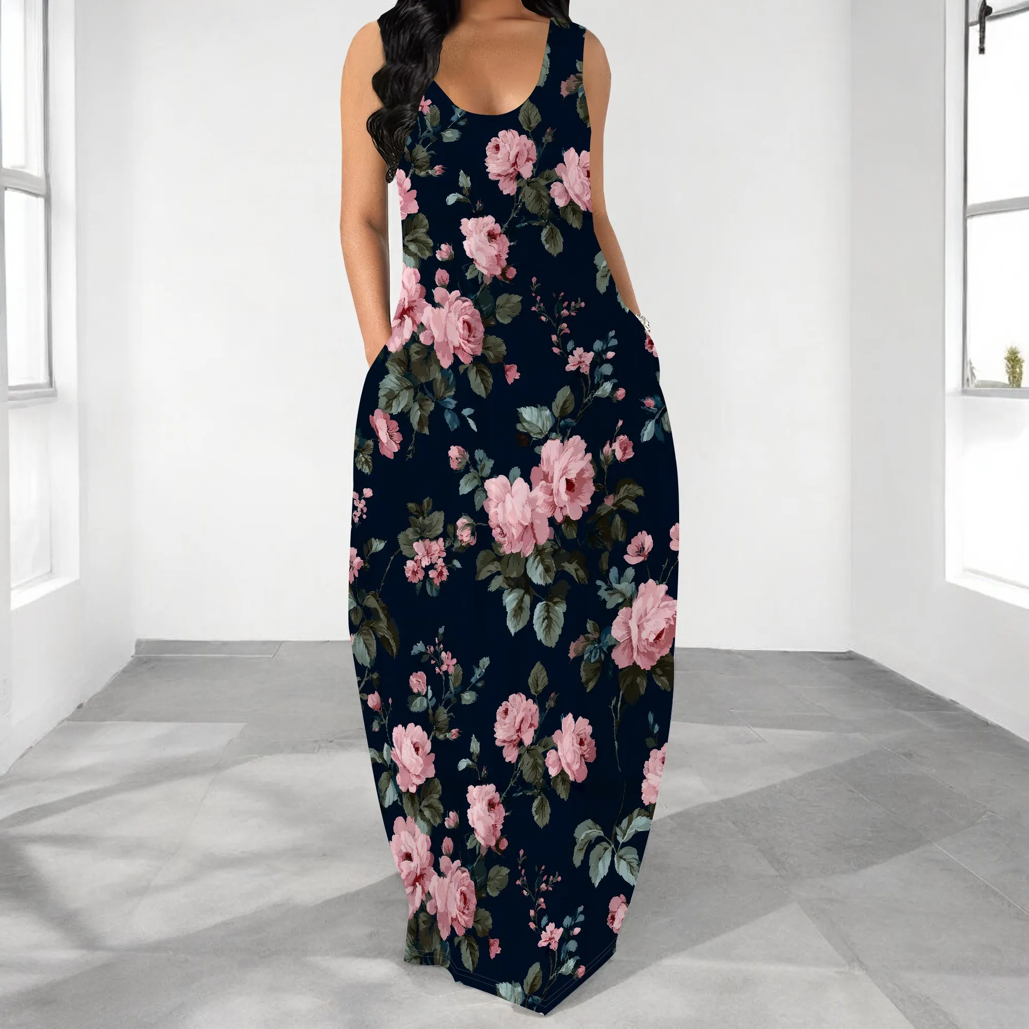 Vestido feminino de verão estilo 2025 - Tamanho grande, estampa floral estampada, vestido sem mangas, vestido longo casual e fluindo