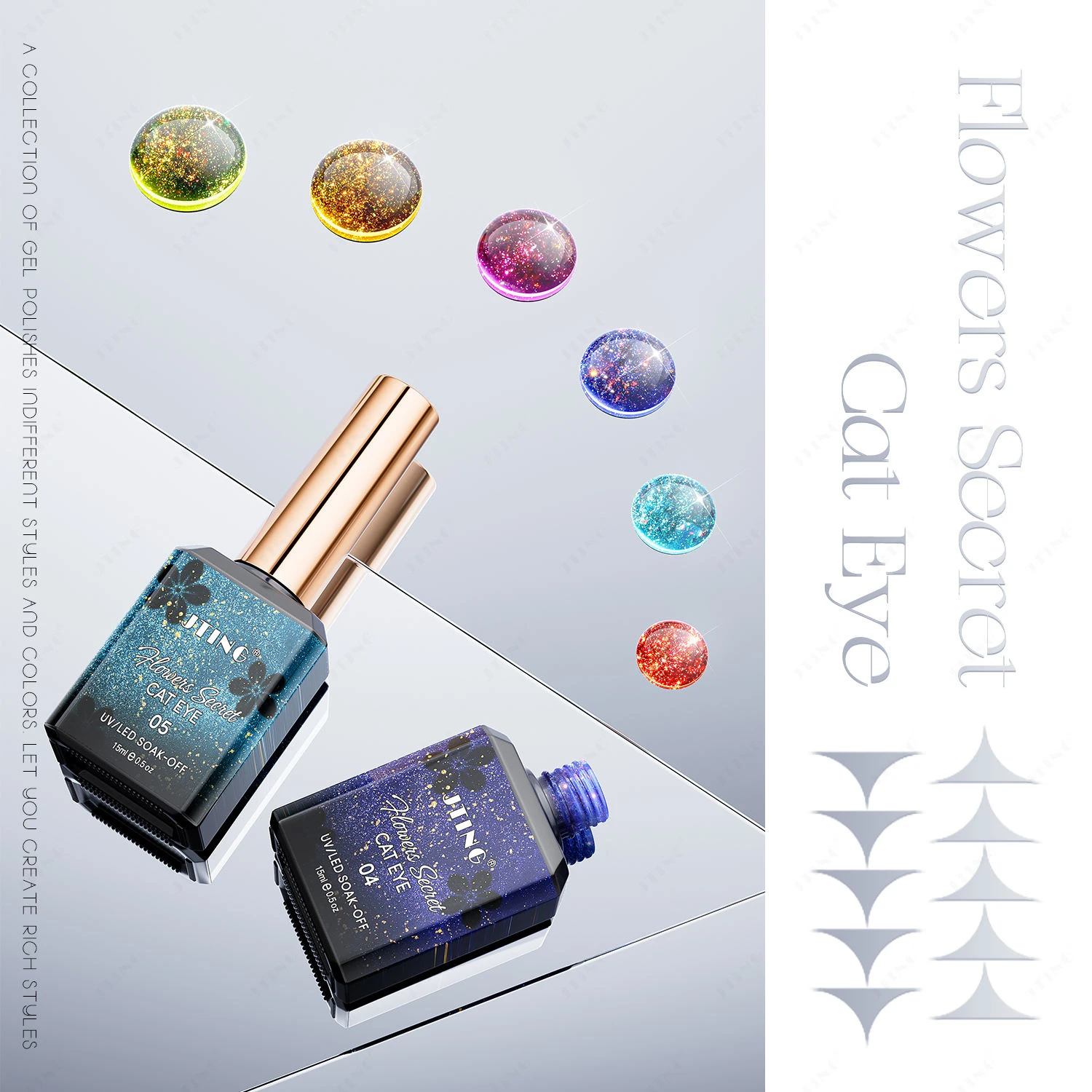 JTING 6色 フラワーシークレット キャッツアイジェルコレクション マグネットグラフィック 強力効果 グリッター 反射 キャッツアイジェルネイルポリッシュ