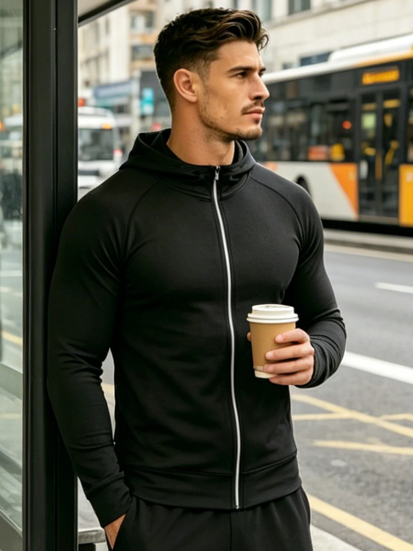Moisture Wicking Full Zip Hooded Men Athletic Sweatshirt Slim Fit Raglan Sleeves Light Fabric For Weight Lifting Road Running