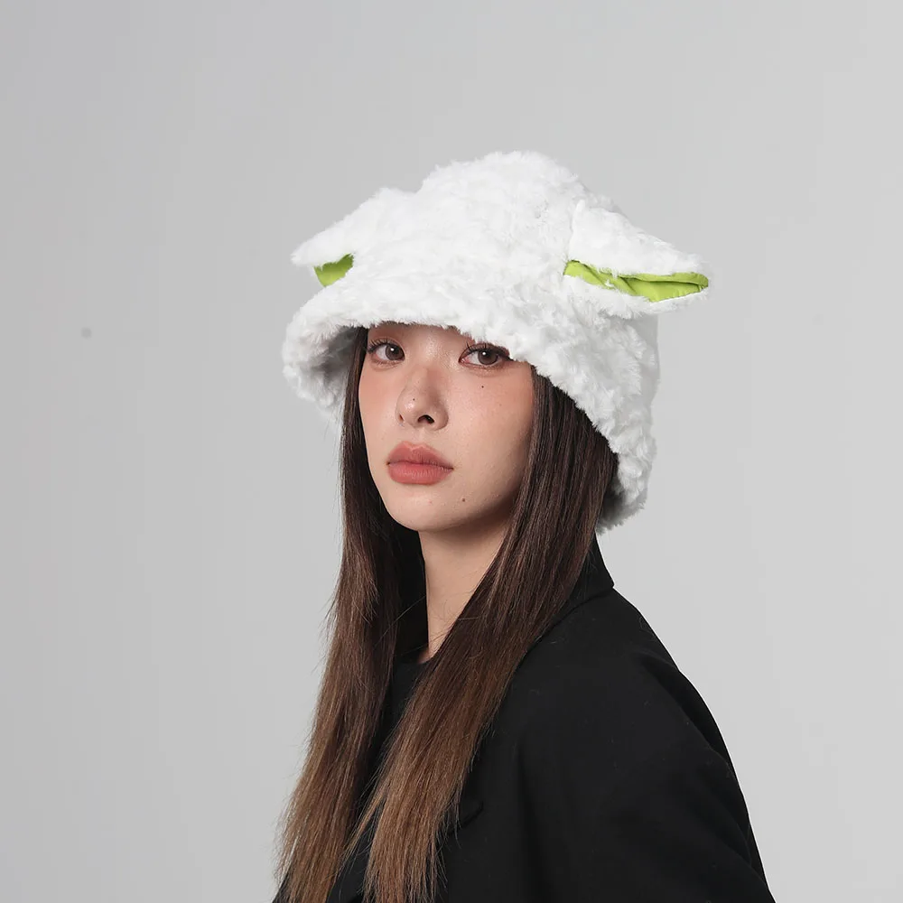 2024 NEW Funny Fashion Autumn Winter Leopard Fur Bucket Hat sheep Ear Ball Plush Fisherman Hat Soft Warm Thick Basin Bucket Hats