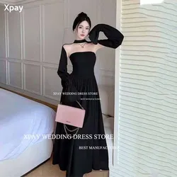 XPAY 2Pcs Strapless Black Korea Evening Dresses With Long Sleeves Cape Coat Wedding Photo Shoot Sexy Pleat Formal Occasion Dress