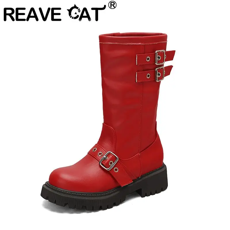 

REAVE CAT Leisure Women Mid Calf Boots Round Toe 4.5cm Thick Sole Slip On Belt Buckles Big Size 41 42 43 Daily Booties Red White