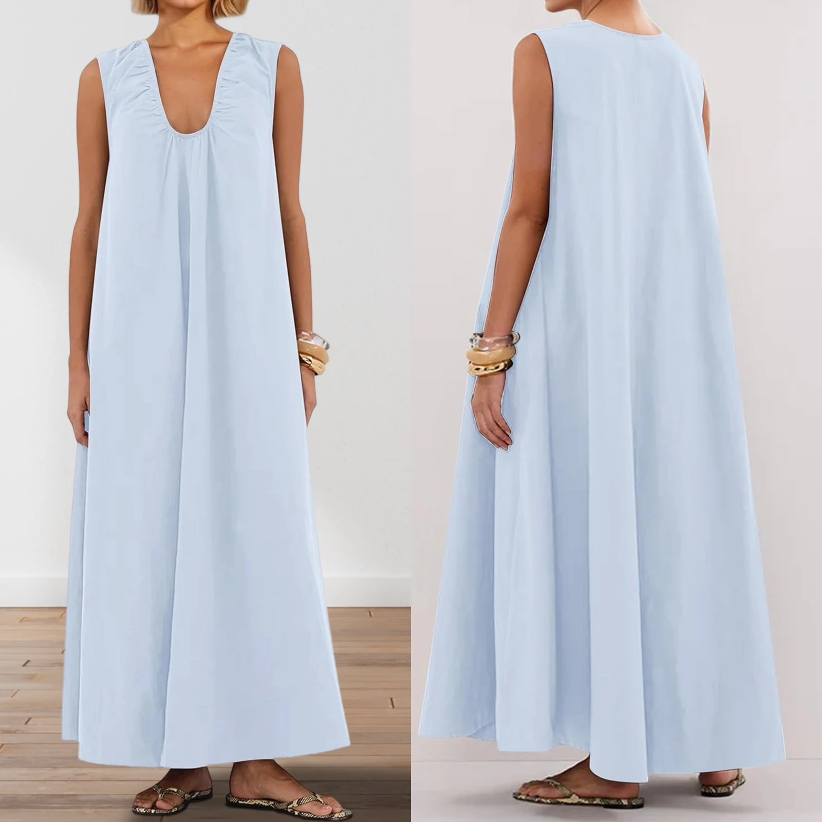 Women's Summer Fairycore Grunge Long Tank Dress Solid Color Sleeveless Scoop Neck Ruched Wide Shoulder Party Holiday Dress