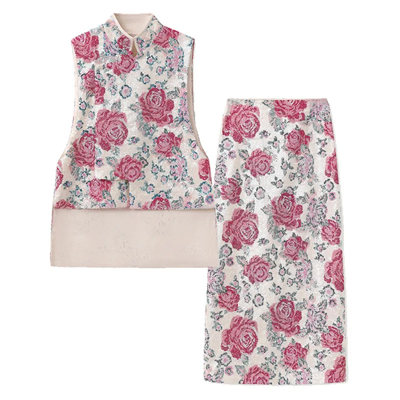 

Chinese Style Peony Embroidered Vest with skirt 2 pieces Spring 2025 New Arrival Luxury Clothing