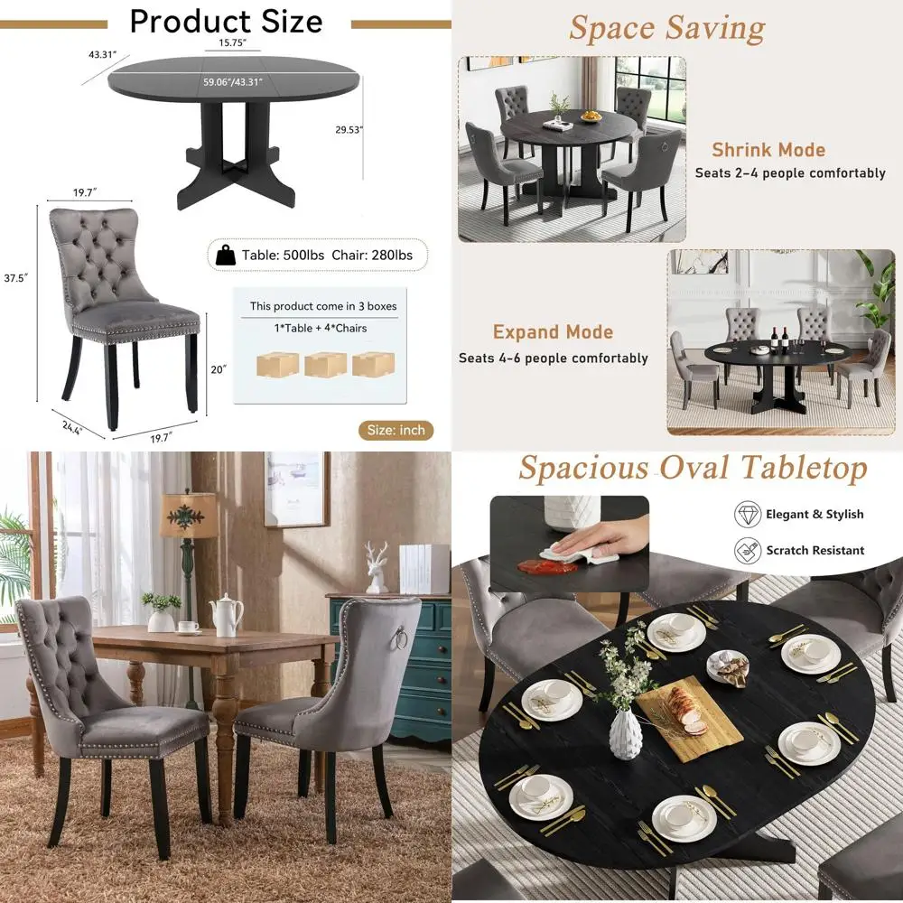 

Expandable Oval Wooden Dining Table Set For 4-8 With Grey Velvet Chairs