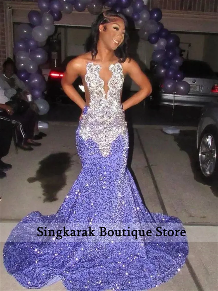 Abito da ballo viola lavanda glitterato 2025 per ragazza nera Perline glitterate Cristalli Abito da festa di compleanno Abito formale personalizzato