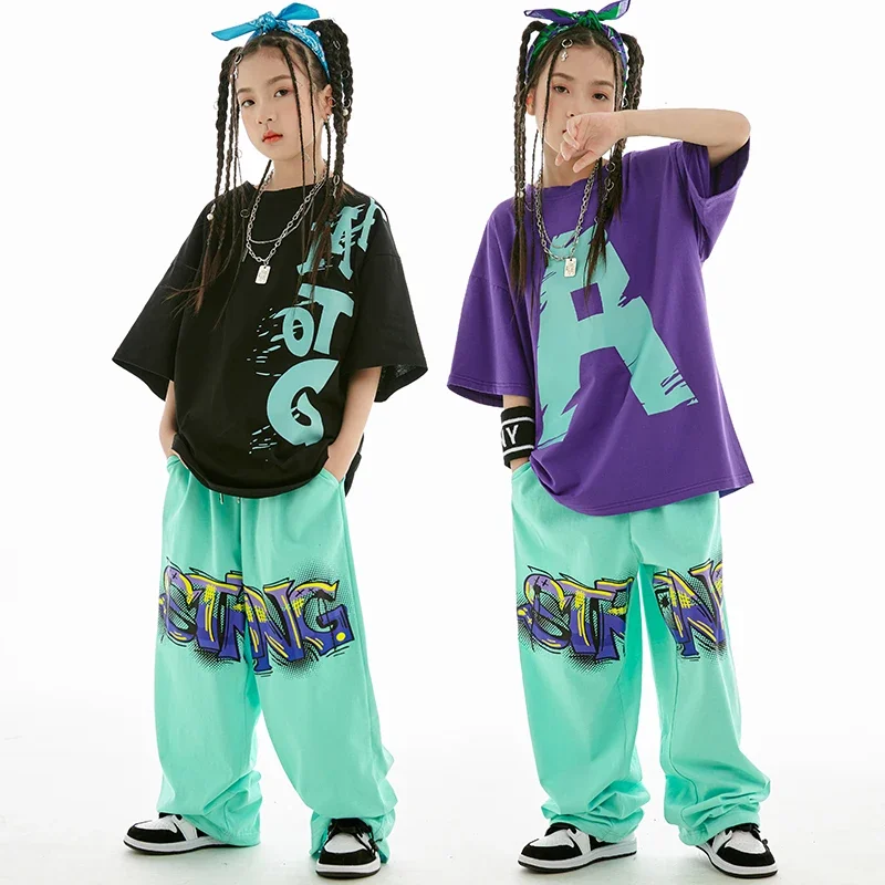 Modern Jazz Dance Costume Girls Kpop Performance Wear Summer Kids Loose Cotton T-Shirt Pants Boys Hip Hop Outfit