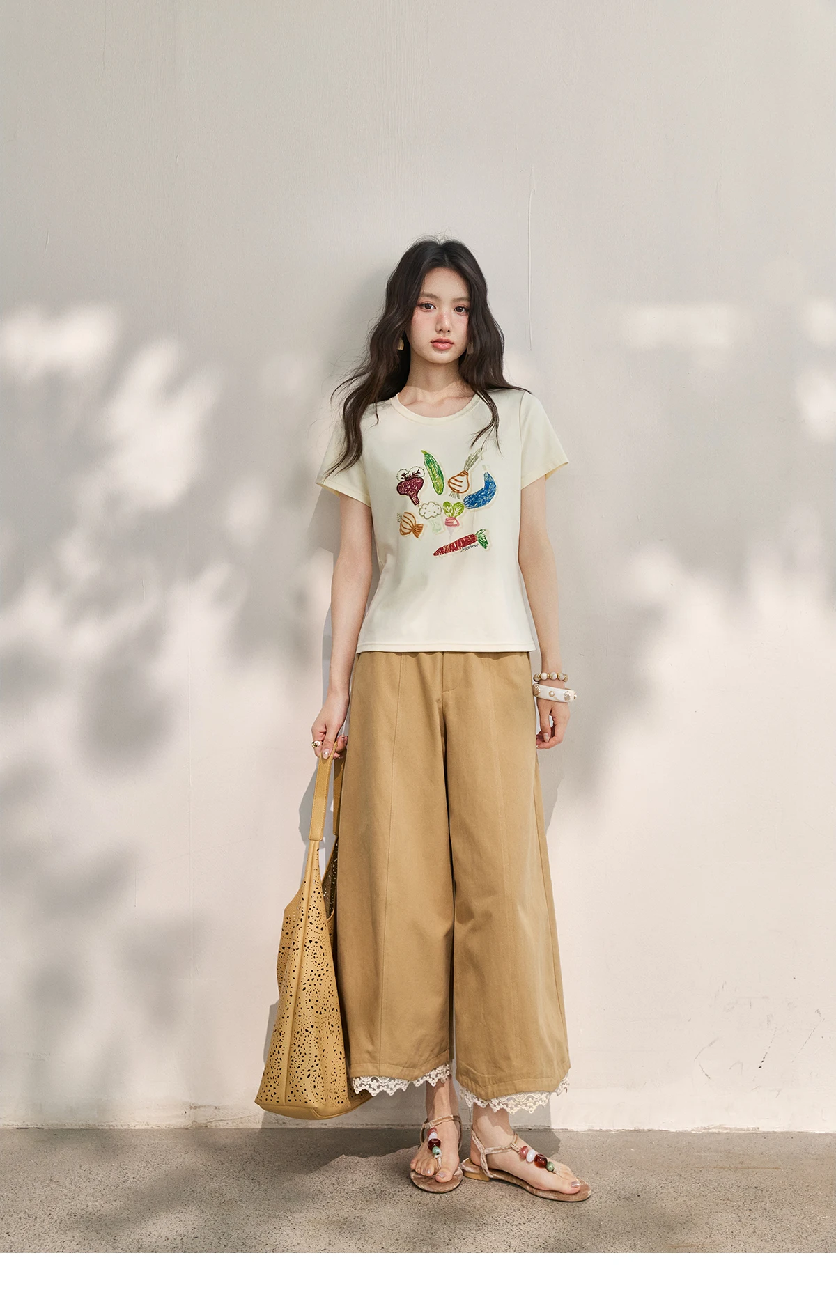 MISHOW Khaki High Waisted Wide Leg Cropped Pants For Women 2026 Summer Lace Trimmed Hem Retro Casual Loose Pants MXF24K1294