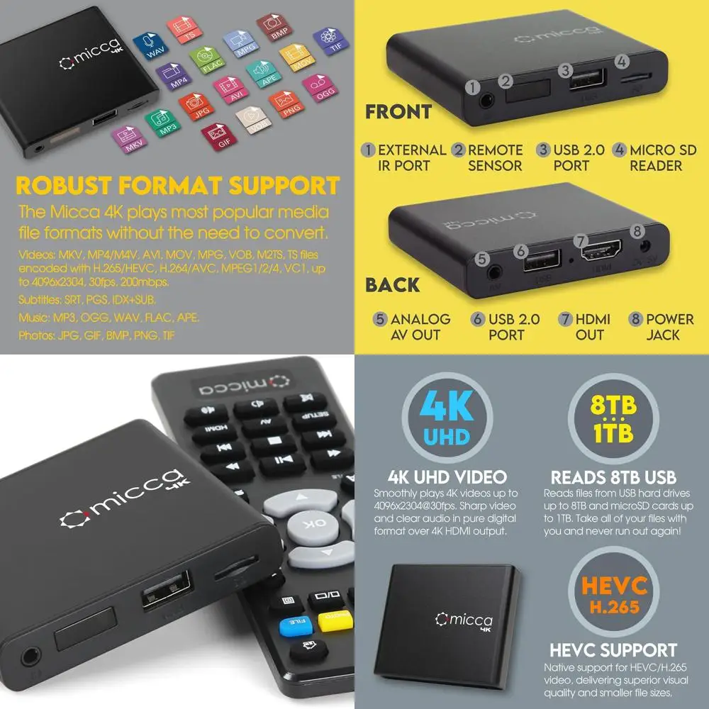 

Цифровой медиаплеер 4K Ultra-HD для USB-приводов и карт MicroSD, Digital Signage, видео H.265/HEVC H.264/AVC MP4 MKV MP3 Musi