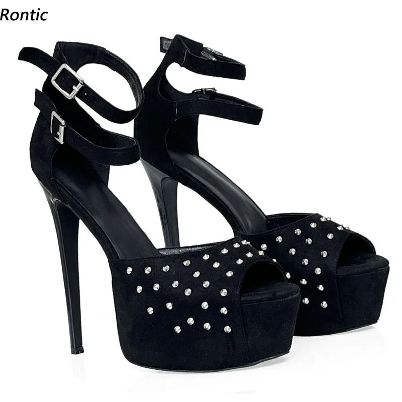 

Rontic Handmade Women Summer Sandals Platform Sexy Studded Stiletto Heels Peep Toe Elegant Black Party Shoes Size 34 45 47 52