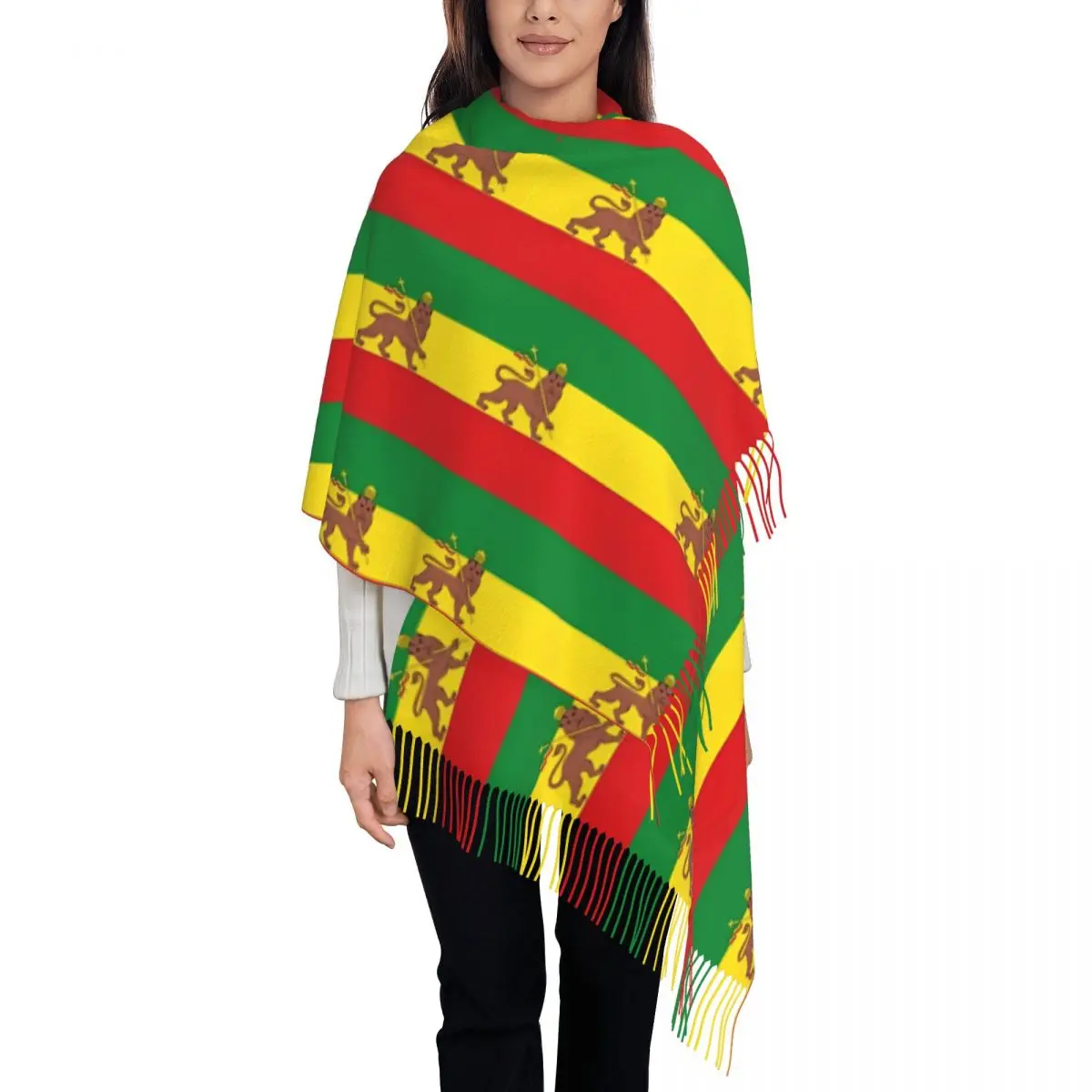 Women's Scarf with Tassel Rasta Lion Of Judah Ethiopian Haile Selasi Flag Large Winter Fall Shawl and Wrap Reggae Cashmere Scarf