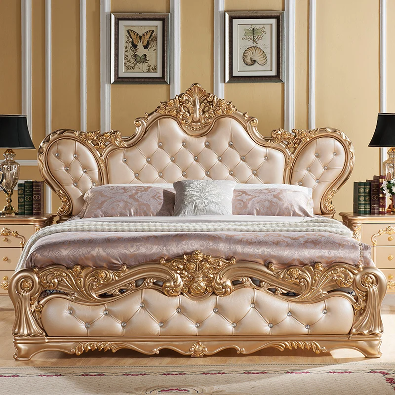 European Bed Double Bed Solid Wood Champagne Gold Leather Luxury Double Bed Hotel Modern Cama Matrimonial Bedroom Furniture