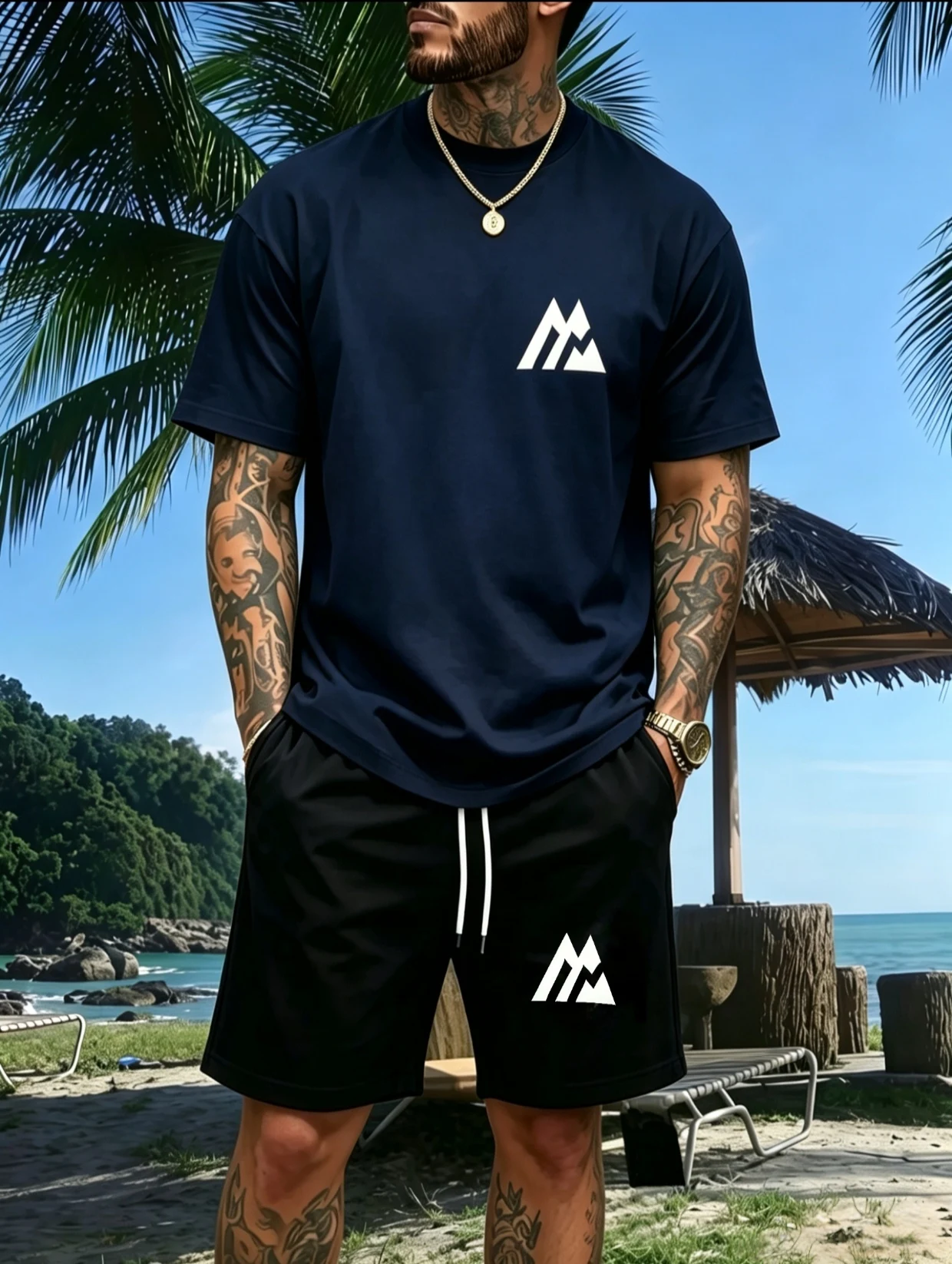 Summer men's sports short sleeved set, thin short sleeved T-shirt+shorts two-piece set, sports set two-piece set.