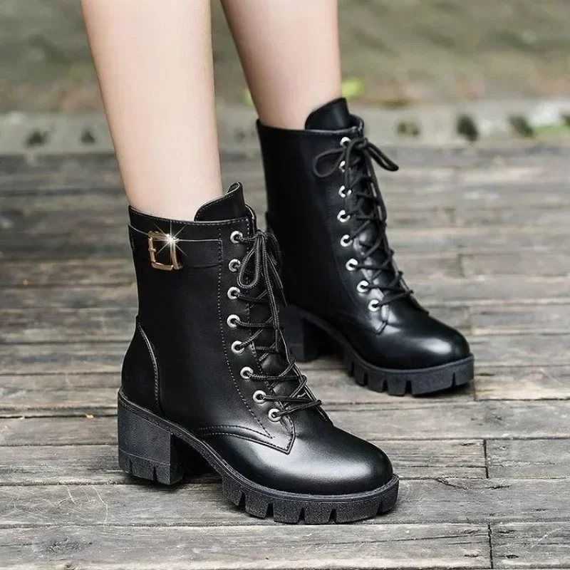 Women's Mid-calf Boots Winter Wool Lined Warm Cotton Boot Quality Leather Boots Women's Snow Boots Thick Heeled Platform Booties