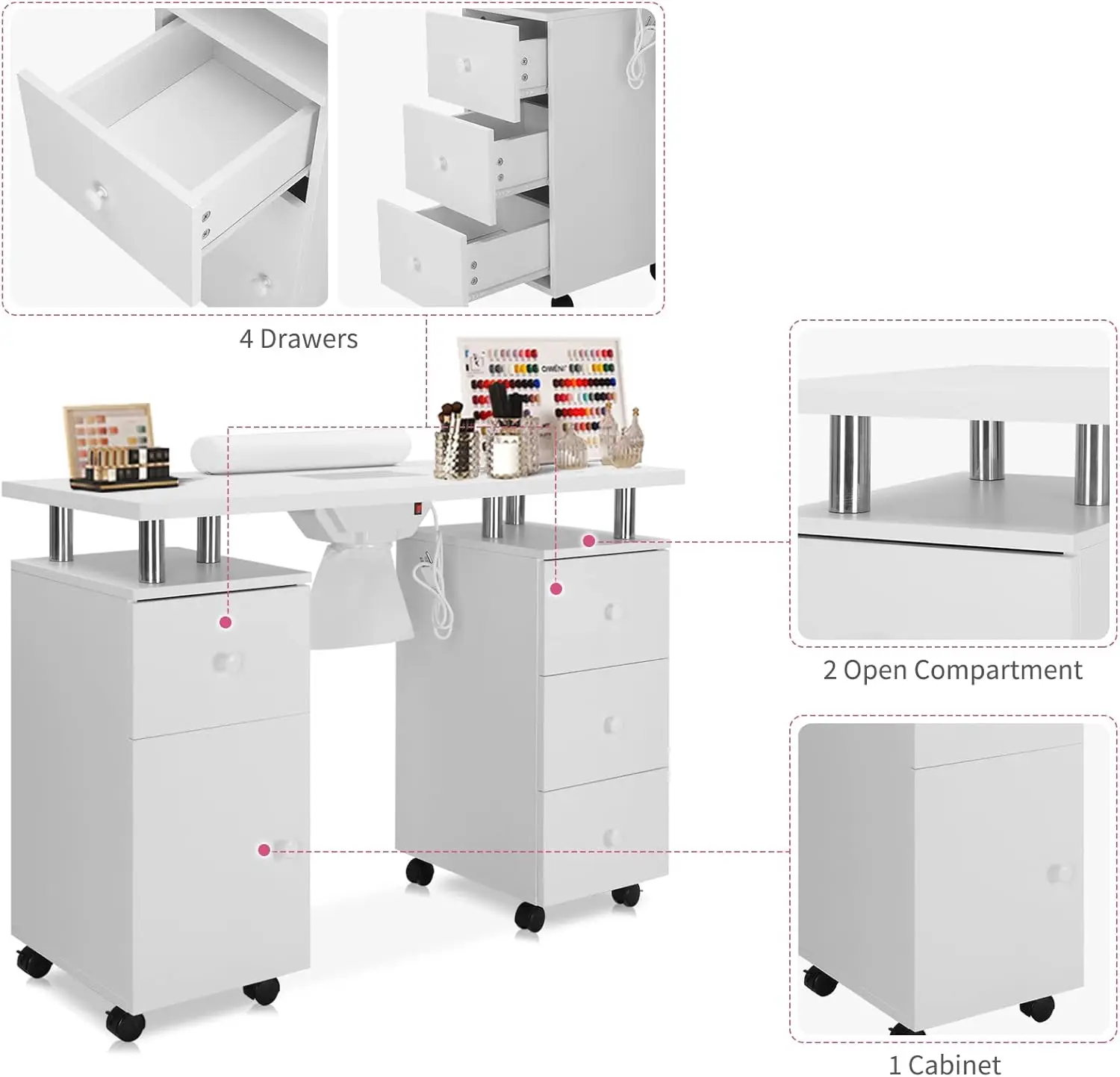 Manicure Table  Desk for  Tech,  Table Station w/Electric Dust Collector, Nail Makeup Storage for Beauty Sa