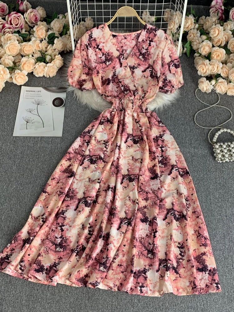 

Women Elegant Vintage Print High Waist Slim A-line Dress Summer V-neck Short Sleeve Chiffon Party Vacation Robe Vestidos
