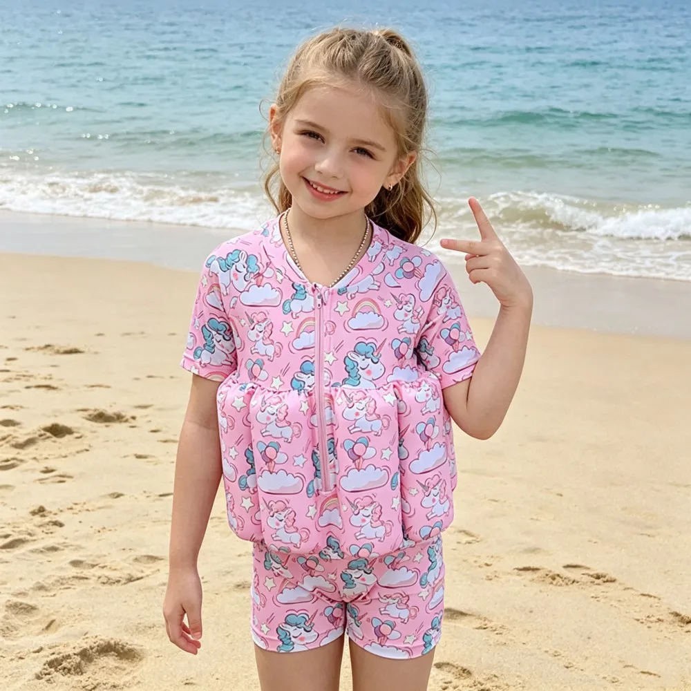 Girls Swimsuit 2026 One Piece Kids Toddler 1 to 2 3 4 5 6 Years Pink Unicorn Child Buoyancy Swimwear UV Protection Bathing Suits
