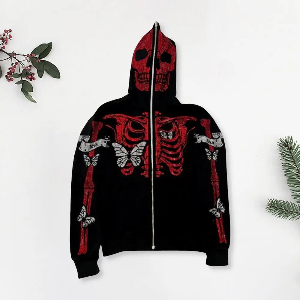 

Women Fall Coat Rhinestone Ghost Skeleton Halloween Hoodie with Zipper Closure Pockets Unisex Party Cosplay Costume for Fall