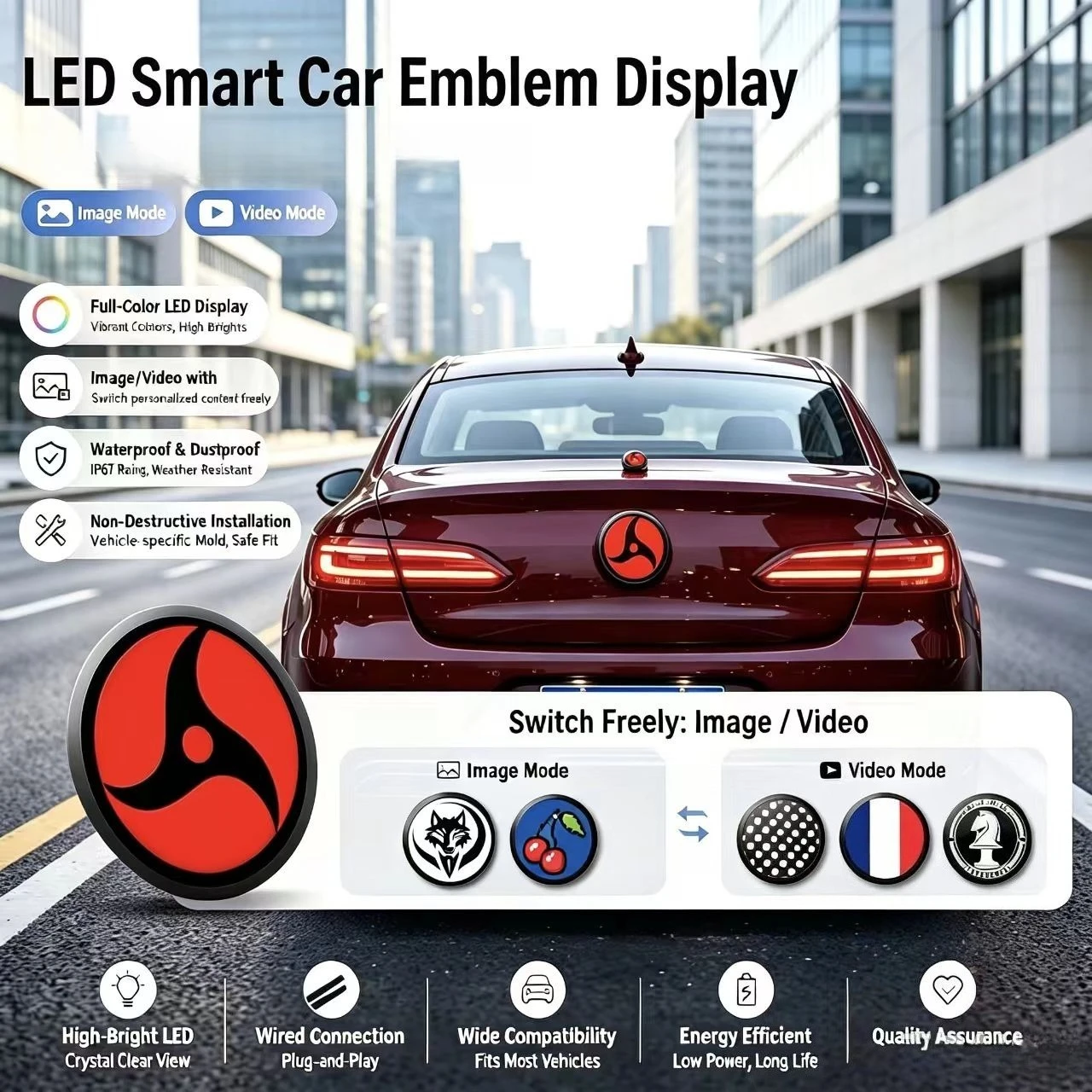 The multi-mode dynamic vehicle logo for Alfa Romeo and BMW features high-definition display and is customizable for modification