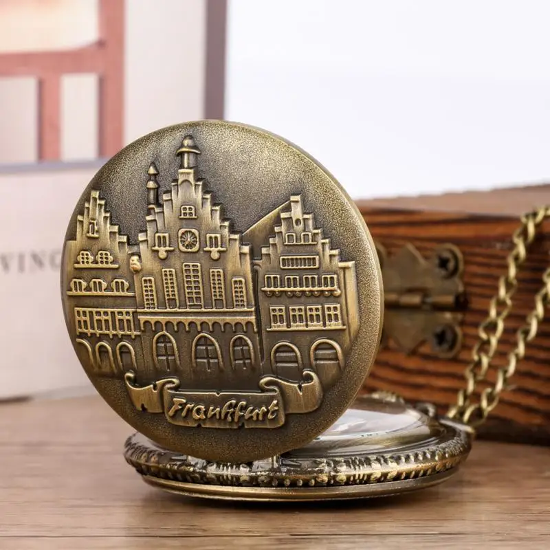 

Old Antique Bronze Frankfurt Castle Germany Superb Handcrafted Building Quartz Pocket Watch Souvenir Necklace Gifts Chain Clock