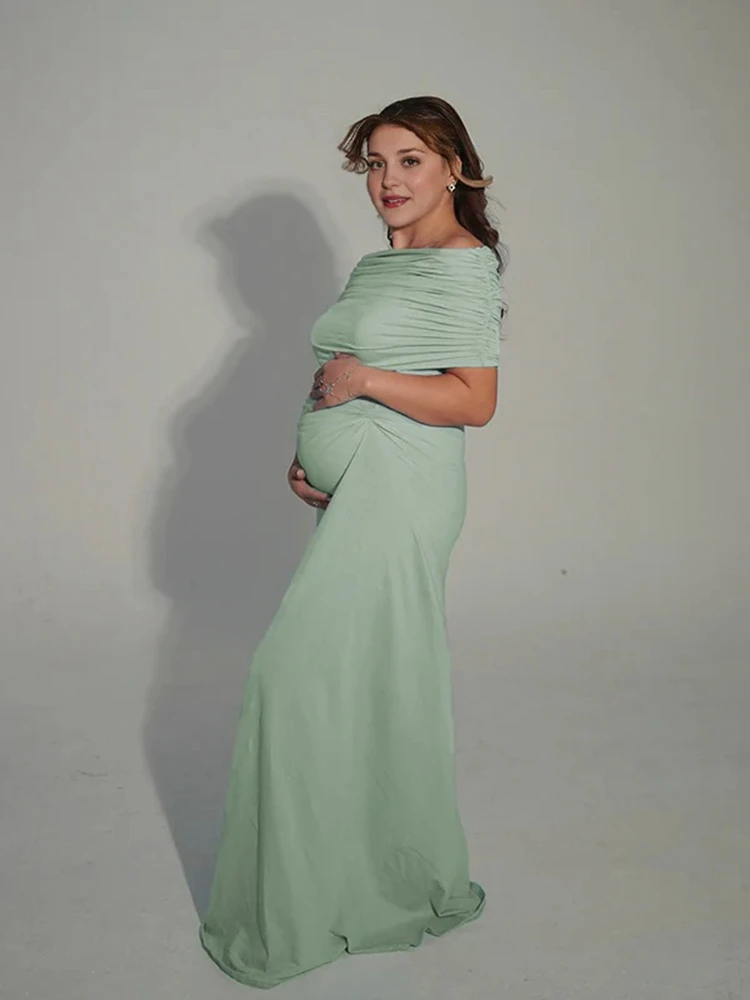 Maternity Mint Green One Shoulder Ruched Maxi Gown Pregnancy Photo Dress Women Elegant Draped Outfit Baby Shower Photography