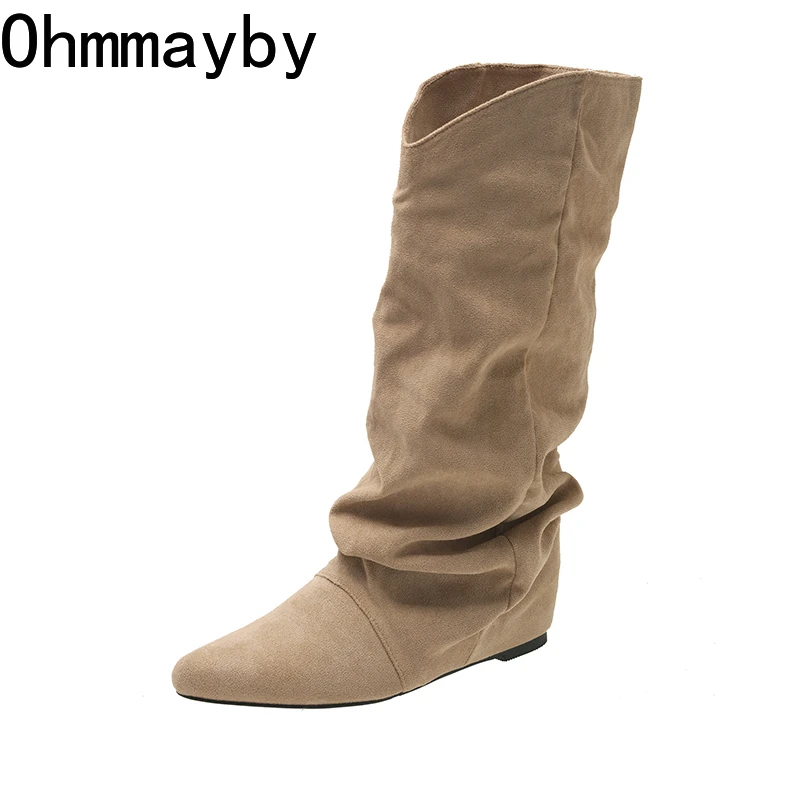 Winter Fashion Pleated Woman Knee-High Boots Pointed Toe Internal Elevation Shoes Street Style Mordern Long Botas Mujer image 6