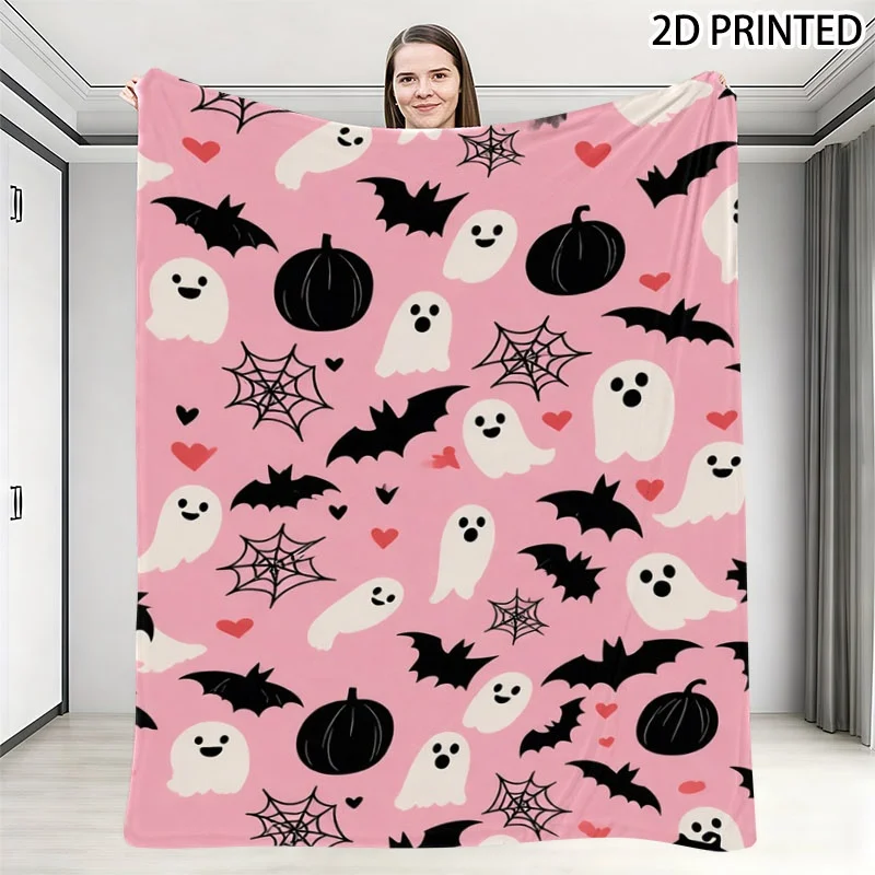 Playful Halloween Themed Throw Blanket, Whimsical Repeating Pattern with Smiling White Ghosts, Black Pumpkins, Bats & Spider Web