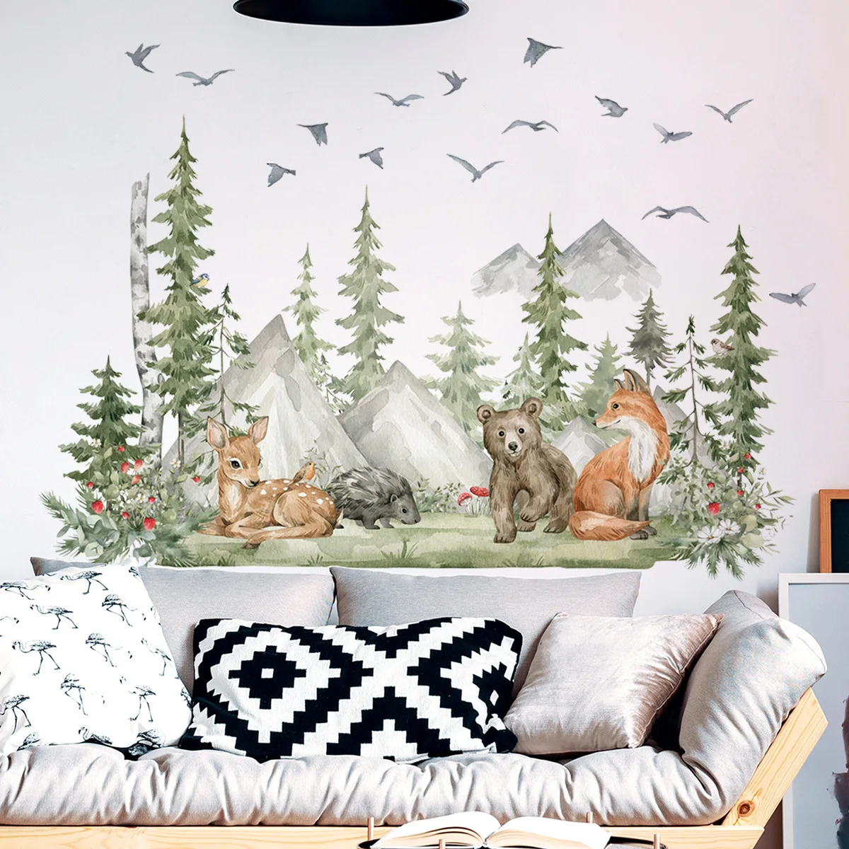 

D2 Mountains And Trees Cartoon Animals Kindergarten Pvc Self-Adhesive Wall Stickers Wall Decor Home Room Accessories Wallpaper