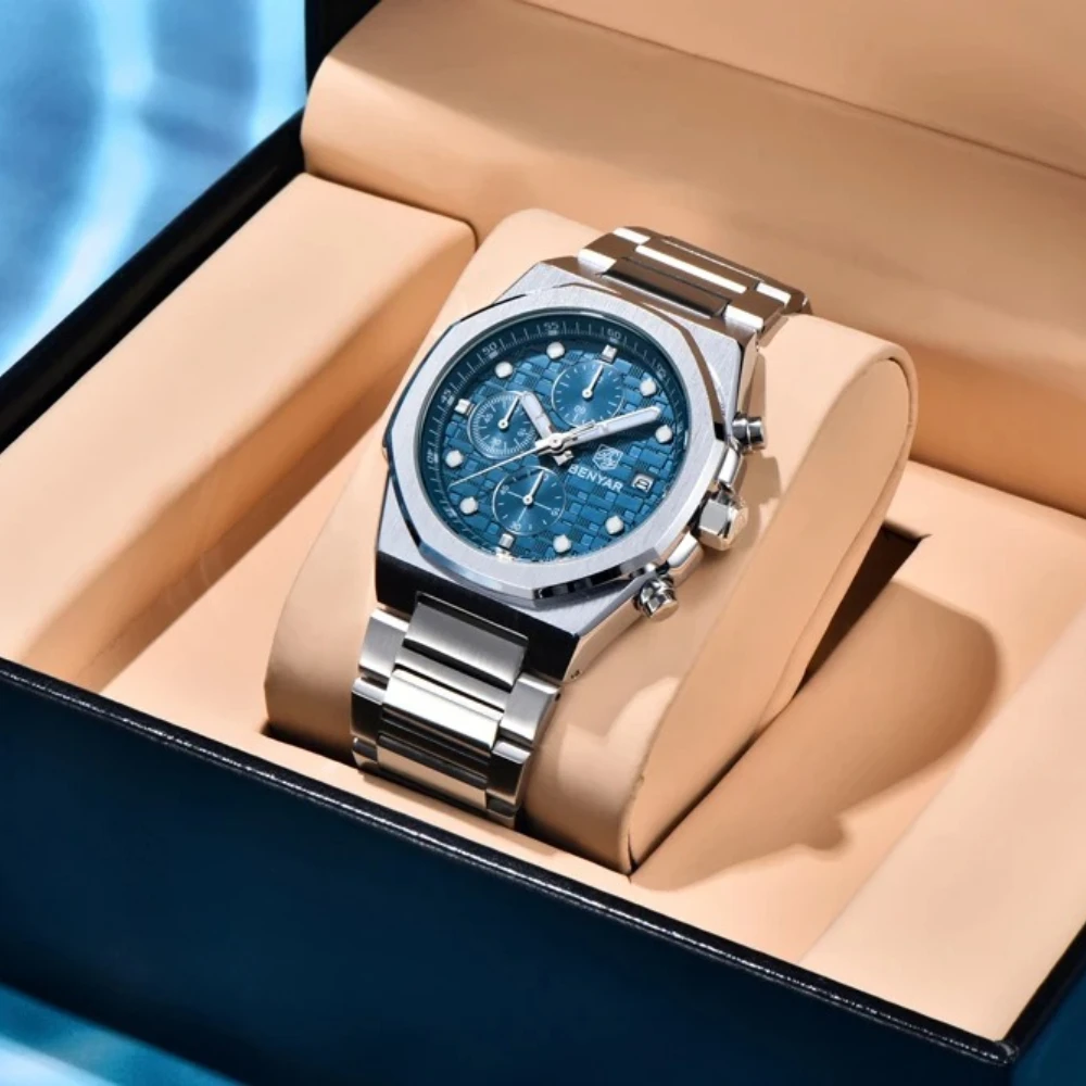 

BENYAR 5216 Mens Watches Top Luxury Quartz Watch for Man Sports Chronograph Waterproof Luminous Stainless Steel Men Gift Box