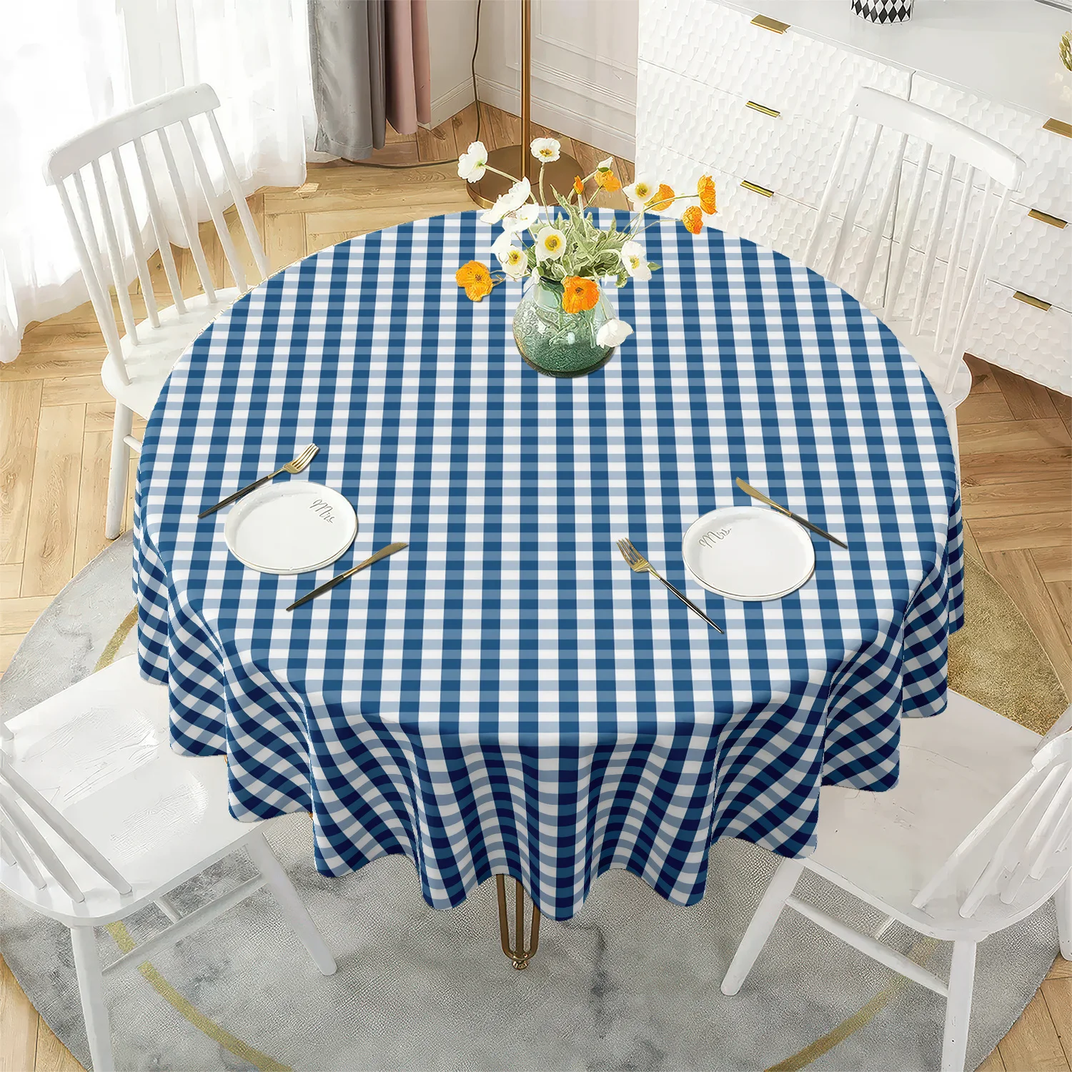 1 blue and white checked round tablecloth, beautiful home cover, suitable for indoor and outdoor dining
