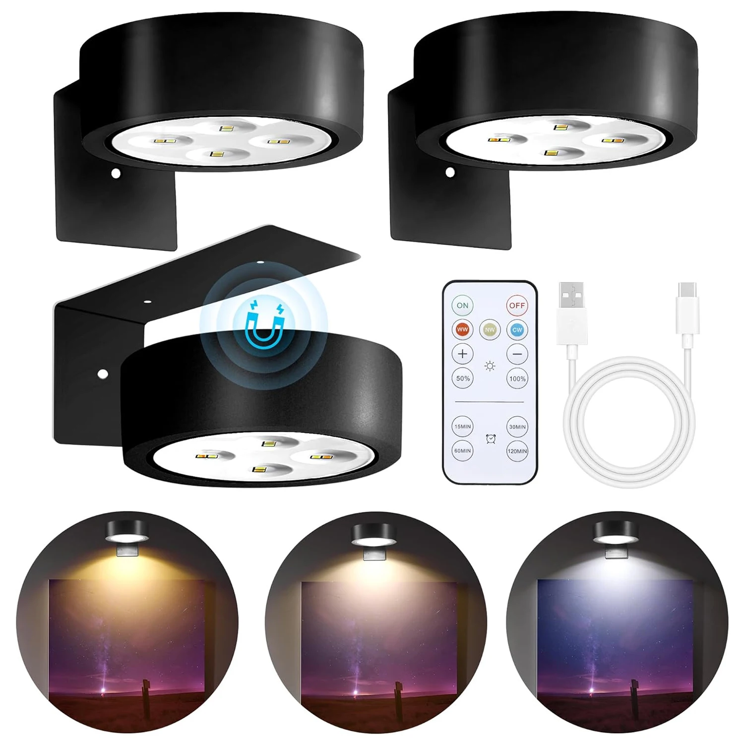 3 Pack Magnetic Picture Lights 1000mAh Rechargeable Cordless Lamp with Remote&Timer Wall Decor Light for Painting Poster Gallery