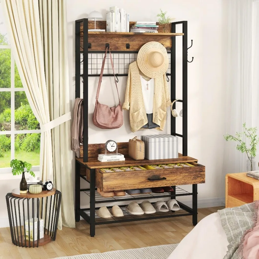 شجرة القاعة مع مقعد، وحدة تخزين الأحذية، ورف معطف المدخل يتميز بنمط صناعي وأدراج لـ 12 خطافًا