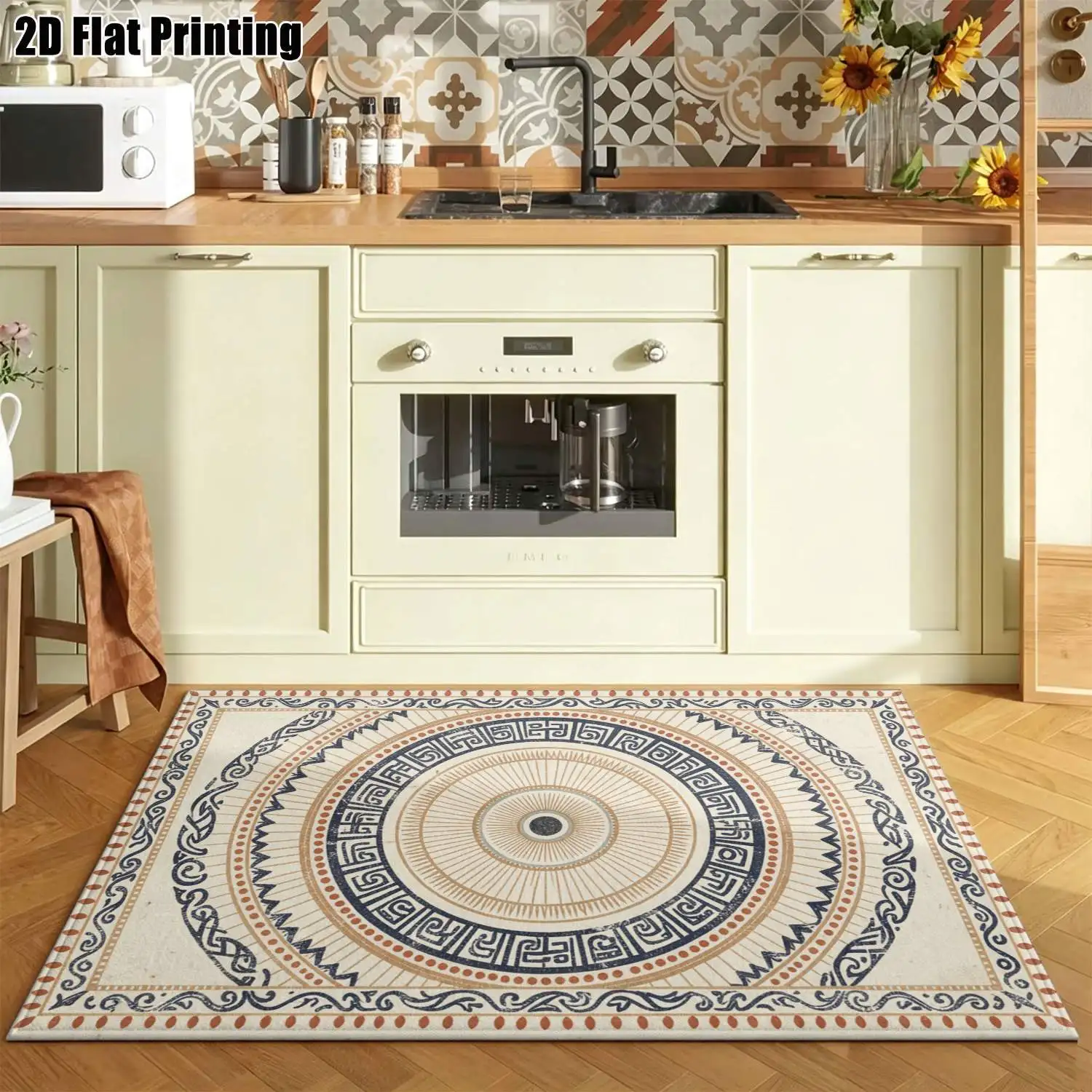 1Pc 2D Printed Carpet with Blue-Brown Geometric Totem Patterns Nordic/European/Vintage/Bohemian/Modern Minimalist Style, Suitable for Home Decor, Available in Multiple Sizes, Machine Washable, Ideal for Entryway, Dining Room, Foyer, Bedroom, Living Room.