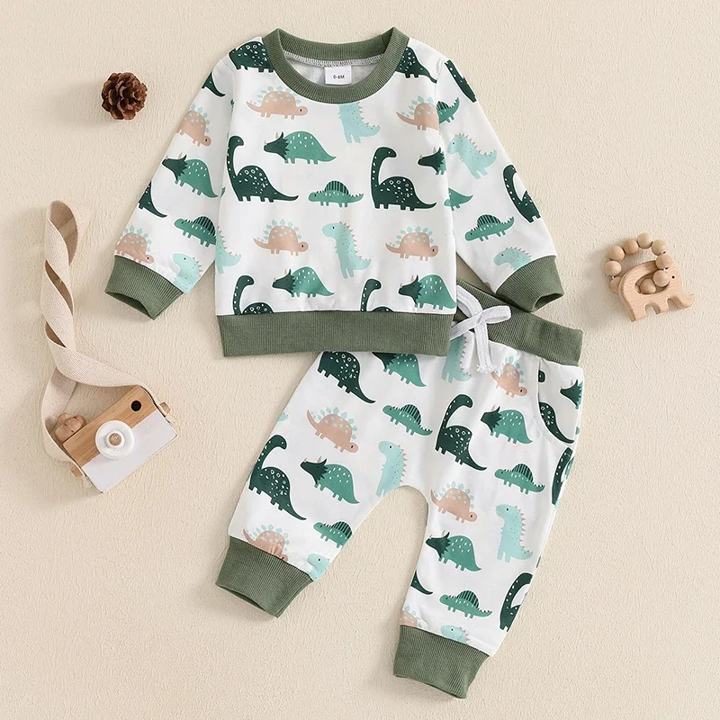 

2024 Toddler Baby Boys Autumn Clothing Outfits Dinosaur Print Long Sleeve Sweatshirts Elastic Waist Long Pants Casual Tracksuits