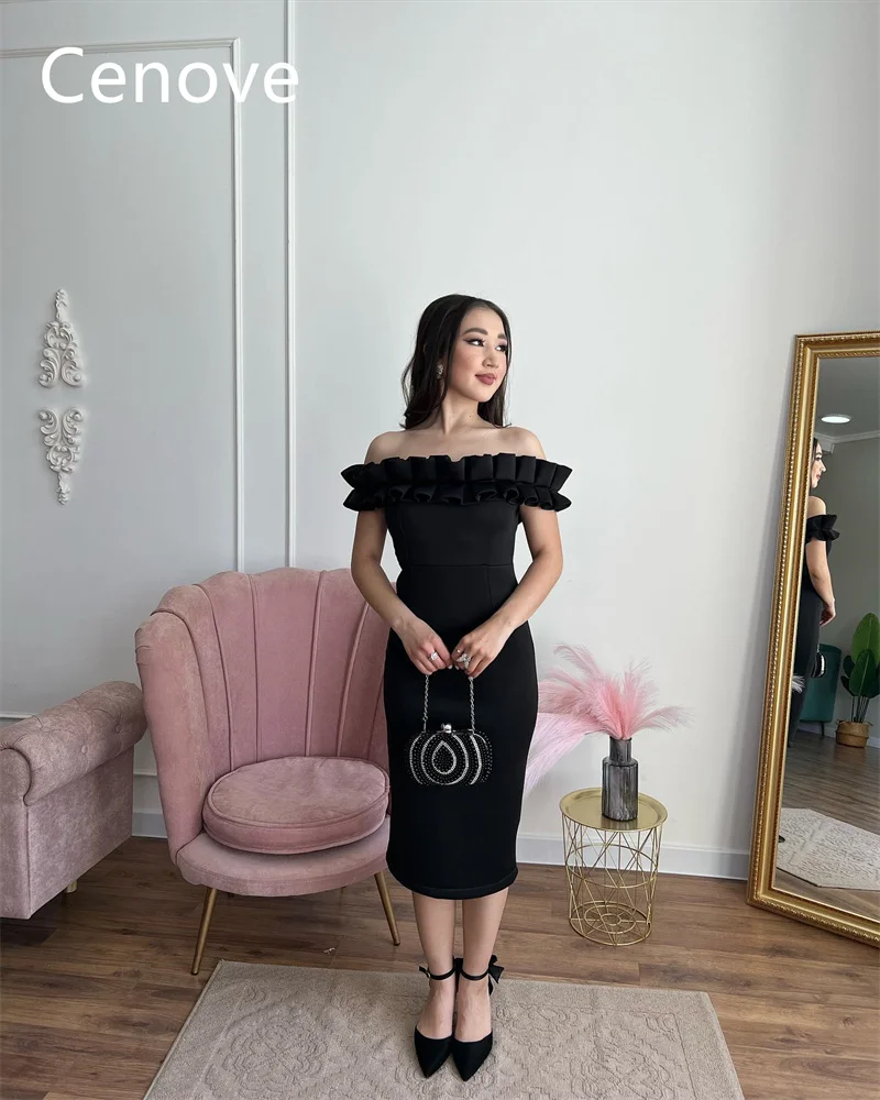 Cenove Black Off The Shoulder Neckline Prom Dress Short Sleeves With Tea Length Evening Elegant Party Dress For Women2023