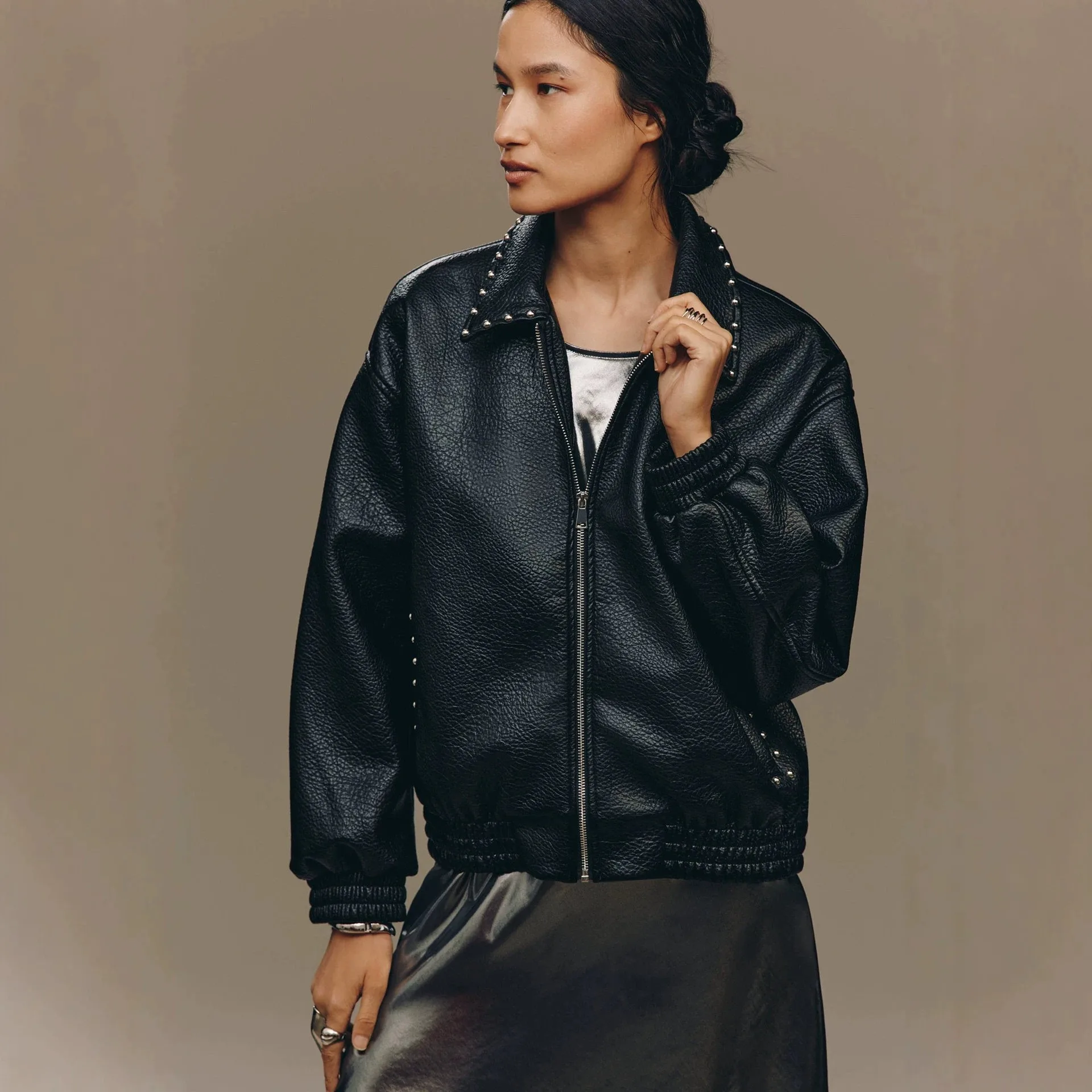 Zipper Rivet Decoration Coat Regular Length Edgy Street with Turn Down Collar Washed Finish Punk Style No Hood Women Jacket
