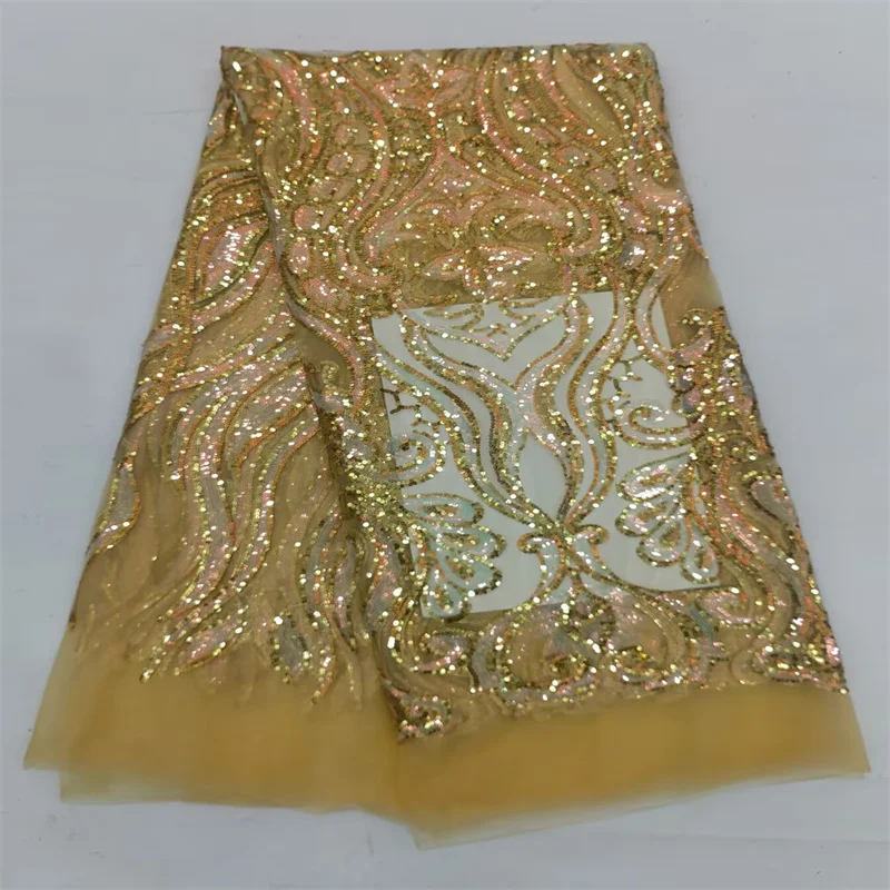 

2025 синяя африканская кружевная ткань с блестками, золотая вышитая сетчатая отделка, 5 ярдов, свадебные платья и вечерняя одежда, принадлежности для рукоделия, золото