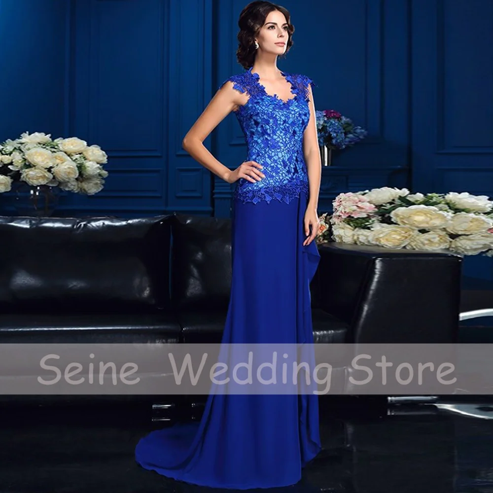 Vestidos De encaje para madre De la novia, vestido largo Formal De noche, línea A, color azul, 2022