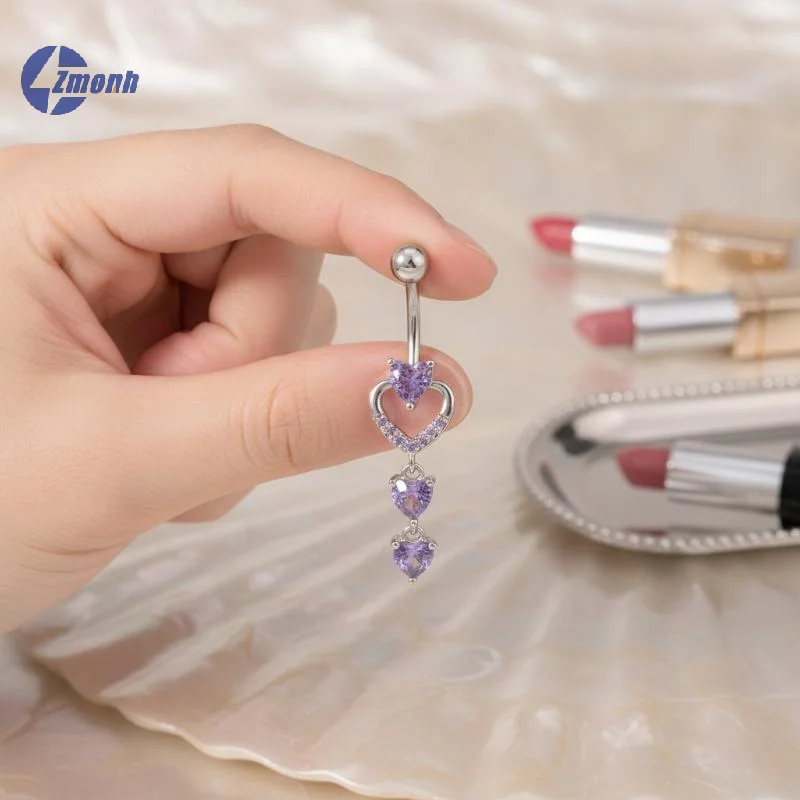 New！1PCS Stainless Steel Cross-Border Hot-Selling Love Belly Button Ring 14G Tassel Pendant With Zirconia Belly Button Stud