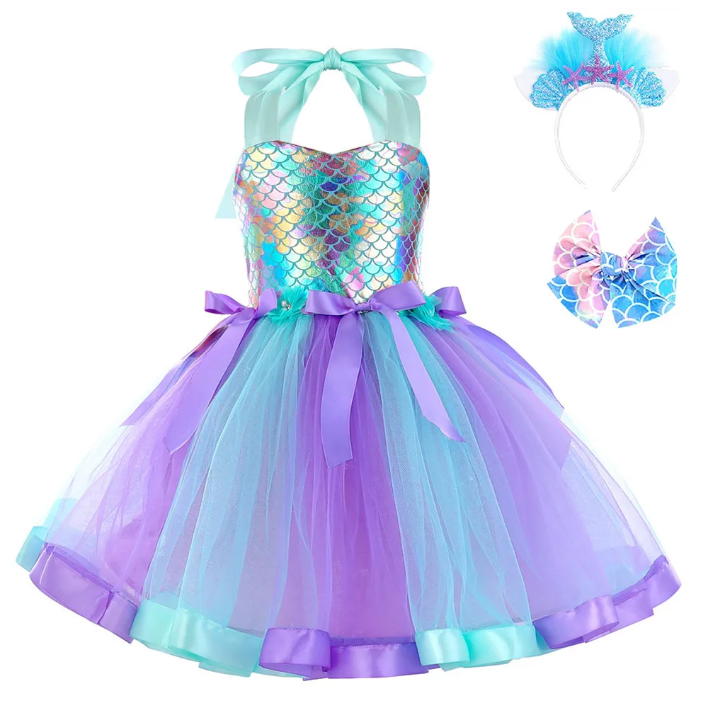 

New Mermaid Princess Dress Girls Birthday Party Rainbow Mesh Colorful Dress Costume Dace party Clothes Girls Wear