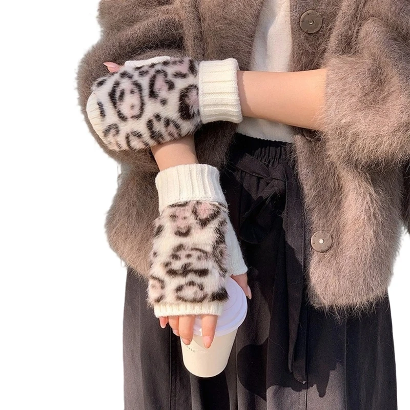 Plush Animal-Print Gloves Warm Mittens with Ribbed Cuffs and Open Fingers