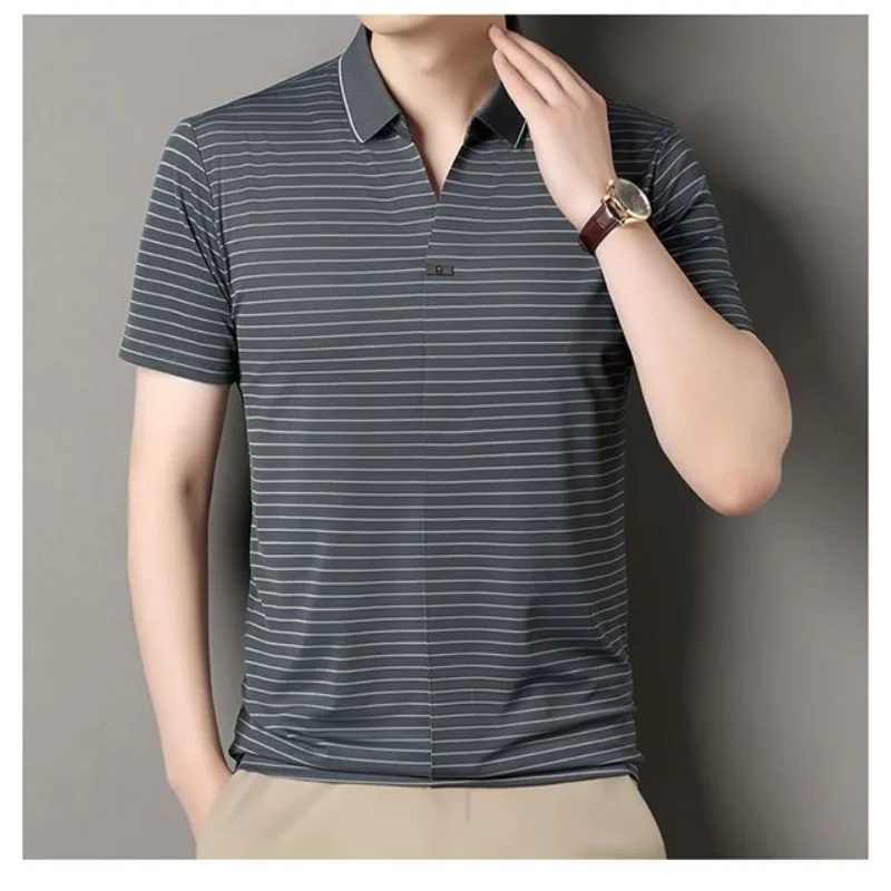 Polo a Rayas de Verano para Hombre, Cuello Camisero, Manga Corta, Seda Helada, Estilo Casual de Negocios