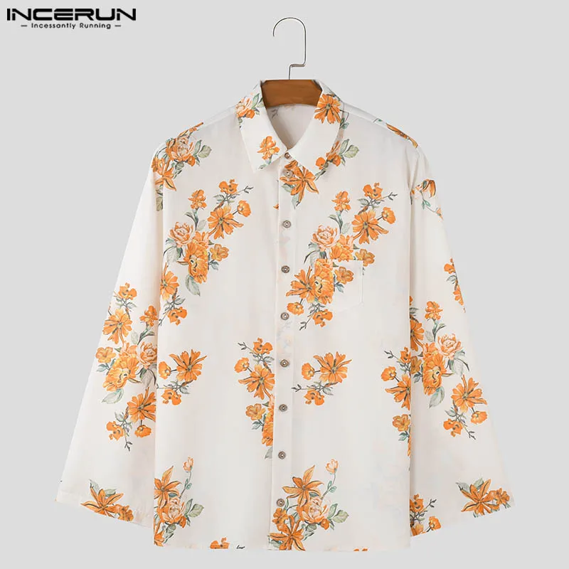 INCERUN Tops 2024 American Style Fashion Men\'s Floral Print Pattern Design Shirts Casual Leisure Lapel Long Sleeved Blouse S-5XL