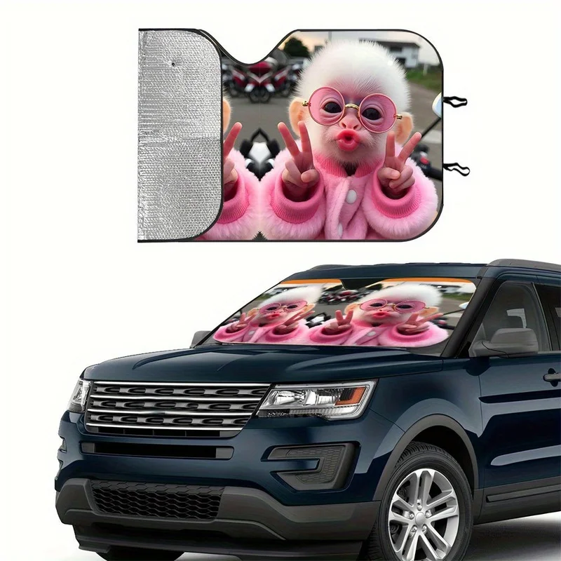 1Pcs Cute Pink Furry Baby Monkey Pattern Car Windshield Sun Shade, With 4 Free Suction Cups, Suitable For Rvs And Suvs